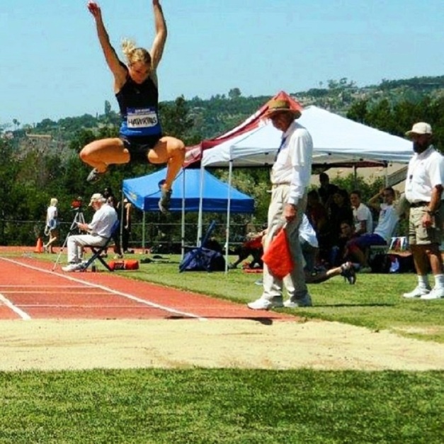 Chari Hawkins competes in long jump at a meet in April. The 2010 Madison High School graduate and five-time All-American at Utah State moved to Santa Barbara, Calif., in October and now trains full time with the Santa Barbara Track Club. Photo courtesy of Chari Hawkins